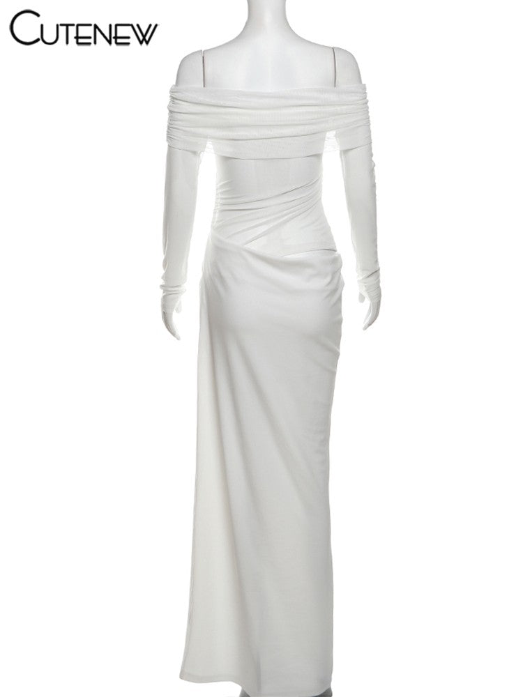 Cutenew Mesh Ruched Women Maxi Dress Sexy See Through Off Shoulder Long Sleeve S