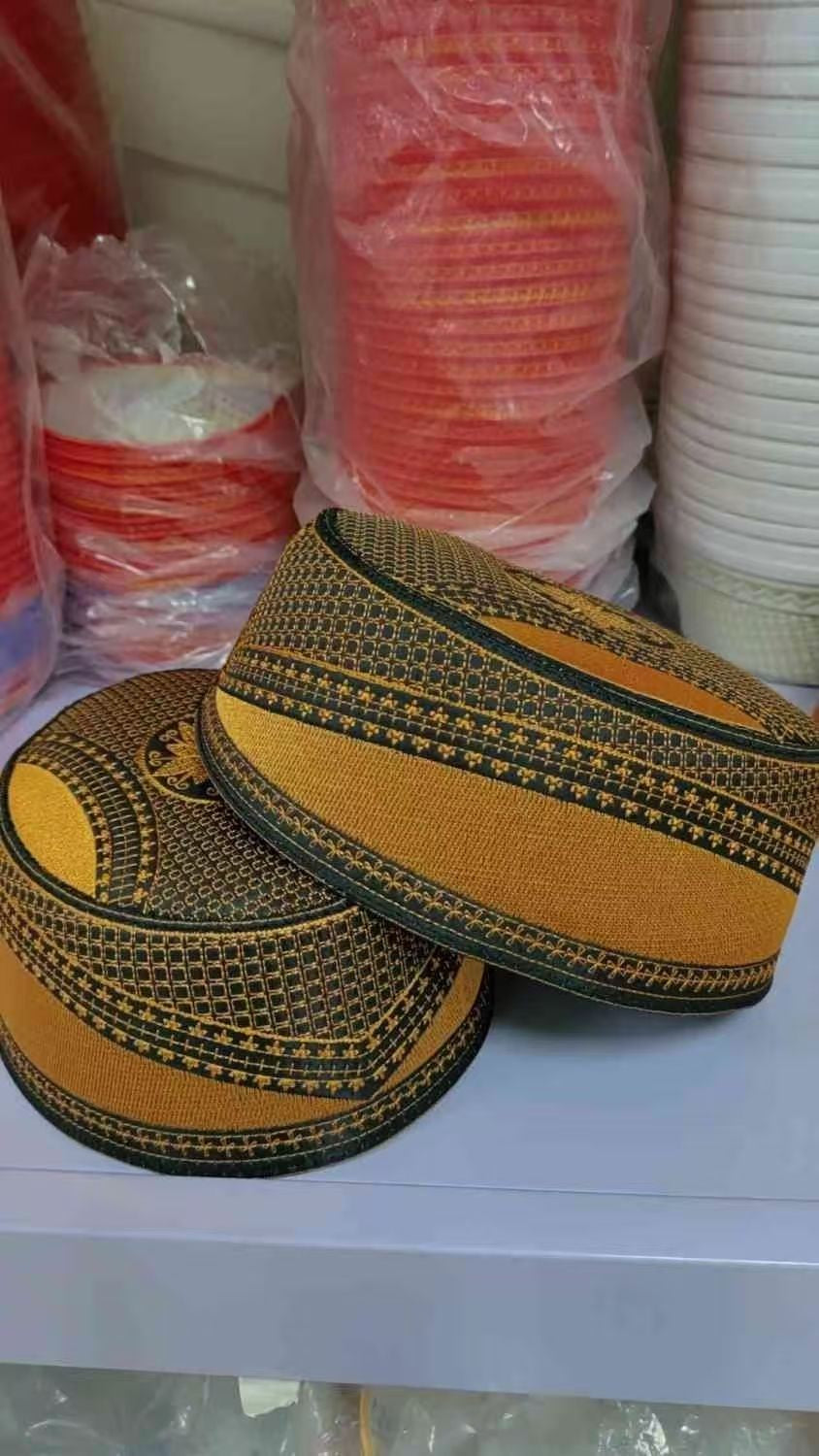 Chapéus de Casamento Muçulmanos Masculinos Bordados com Topo Reto Eid Ramadã Oração Étnica Cultural Islâmica Chapéu Presente Gorro Turquia Azul Ouro Bonés