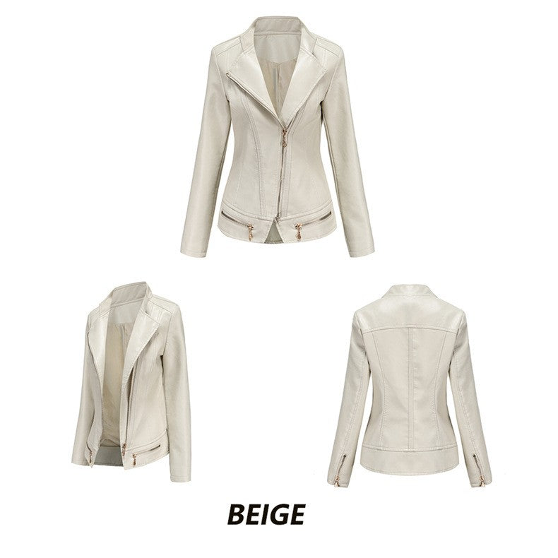 Women's Bright Red Lapel PU Jacket, Zippered Embellished Leather Jackets, Women Fashion Casual Coat of Female Outerwear