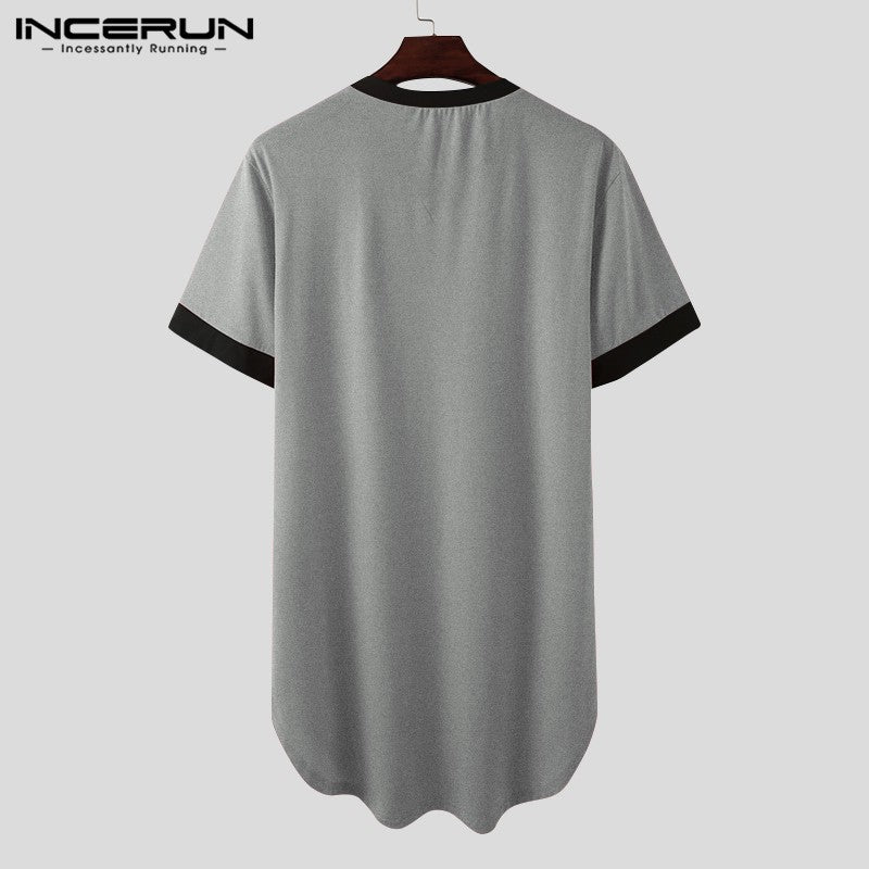 INCERUN 2024 Men Sleep Robes Short Sleeve V Neck Nightgown Patchwork Cozy Homewear Fashion Loose Mens Bathrobes Dressing Gown