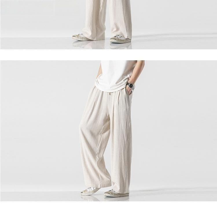 Summer Large Size Linen Cotton Wide Leg Pants Men Casual Comfortable Loose Fit Straight Leg Trousers Long Pants
