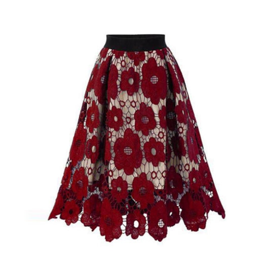 Summer Boho Lace Skirts Women Vintage Mesh Hollow Out Plus Size Skirt Elastic Waist Elegant A-Line Midi Saias Black Red Green