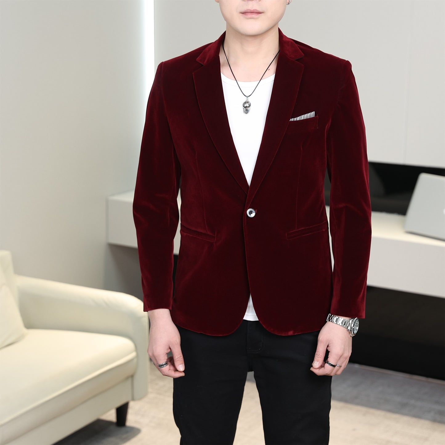 Gold Velvet Suit Men's Trendyy Performance Suit Spring & Fall All Year Round Slim Thin Youth Dress Groomsmen Groom's Dress Wedding Party Suit