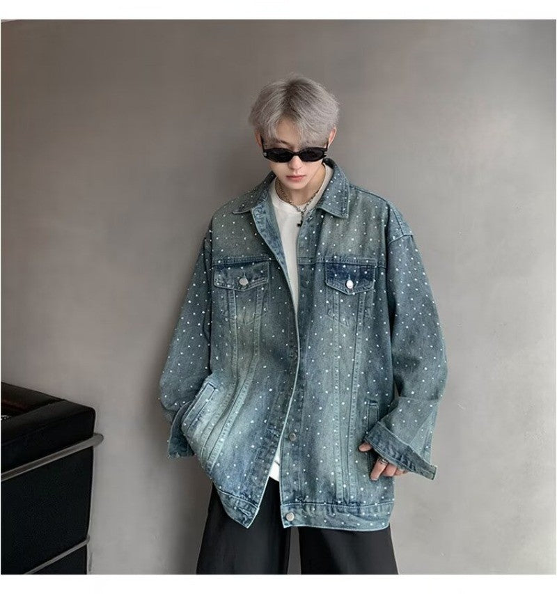 American Trendy Denim Jacket Mens Make Old Flash Diamond Fashion Outwear Spring Single-breasted Street Couple Cowboy Coats
