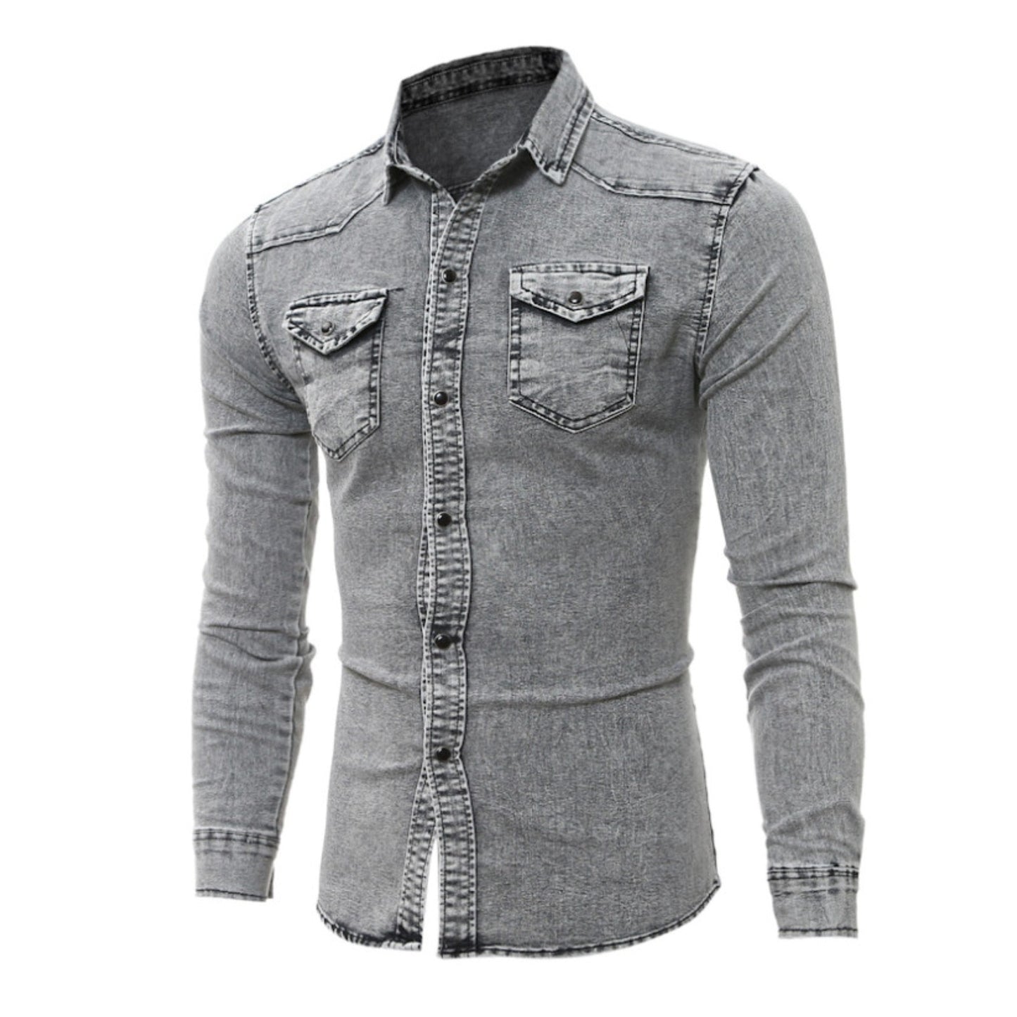 Men'S Autumn Fashion Clothing Casual Fashion Long Sleeve Lapel Shirts Solid Color Denim Washed Shirt Men'S Tops