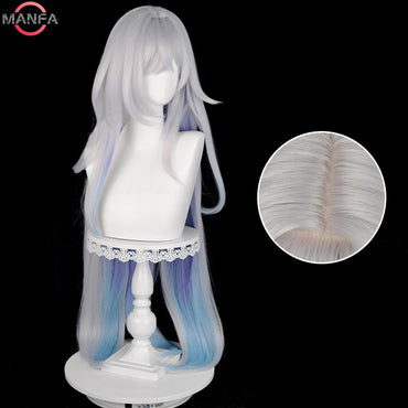 Skirk Cosplay Wig 105cm Long Silver White with Blue Gradient Heat Resistant Synthetic Hair Anime Wigs + Wig Cap