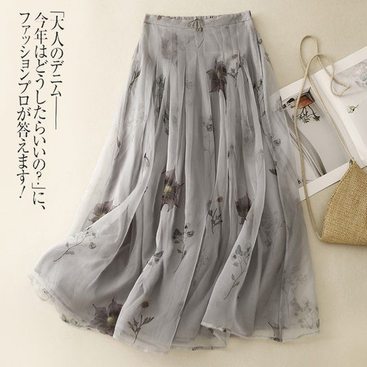 Retro Cotton Linen Double Layer High Waist Printed Skirt A-Line Summer Faionable Drifting Large Size Women's Skirts