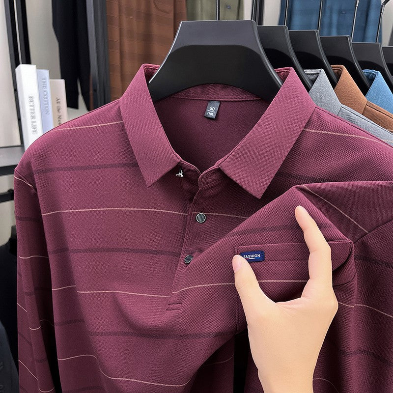 2025 long sleeved men's spring and autumn collar striped pullover top with loose pockets polo shirt