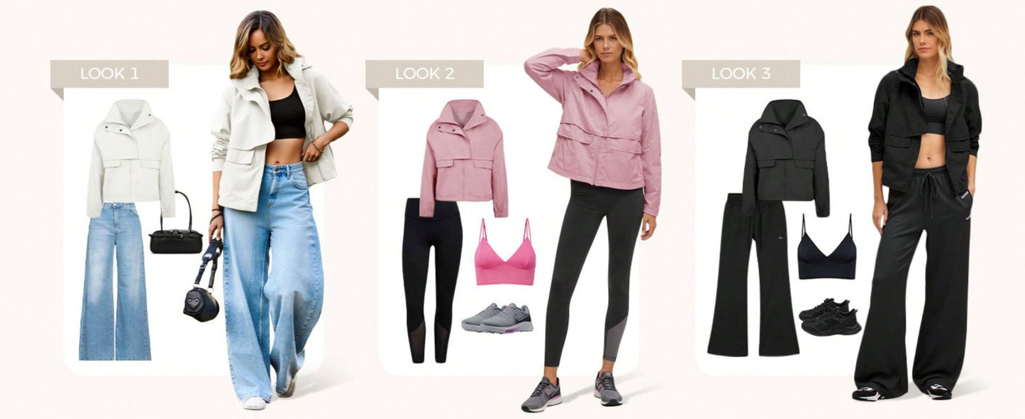 Fisoew Womens Cropped Jacket Zip Up Lightweight Hooded Trench Coat Active Outdoor Windbreaker Raincoat with Pockets