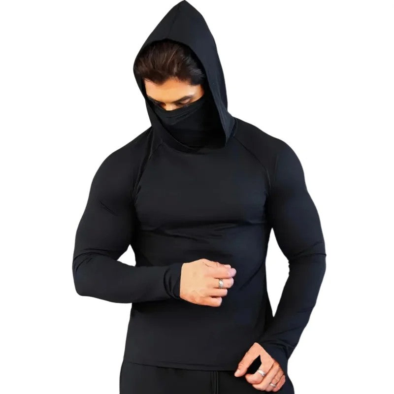 Men Compression t Shirt Soild Casual t-Shirt Long Sleeve Fitness Tops Running Gym t-Shirts Hooded Shirts With Mask Male Clothes