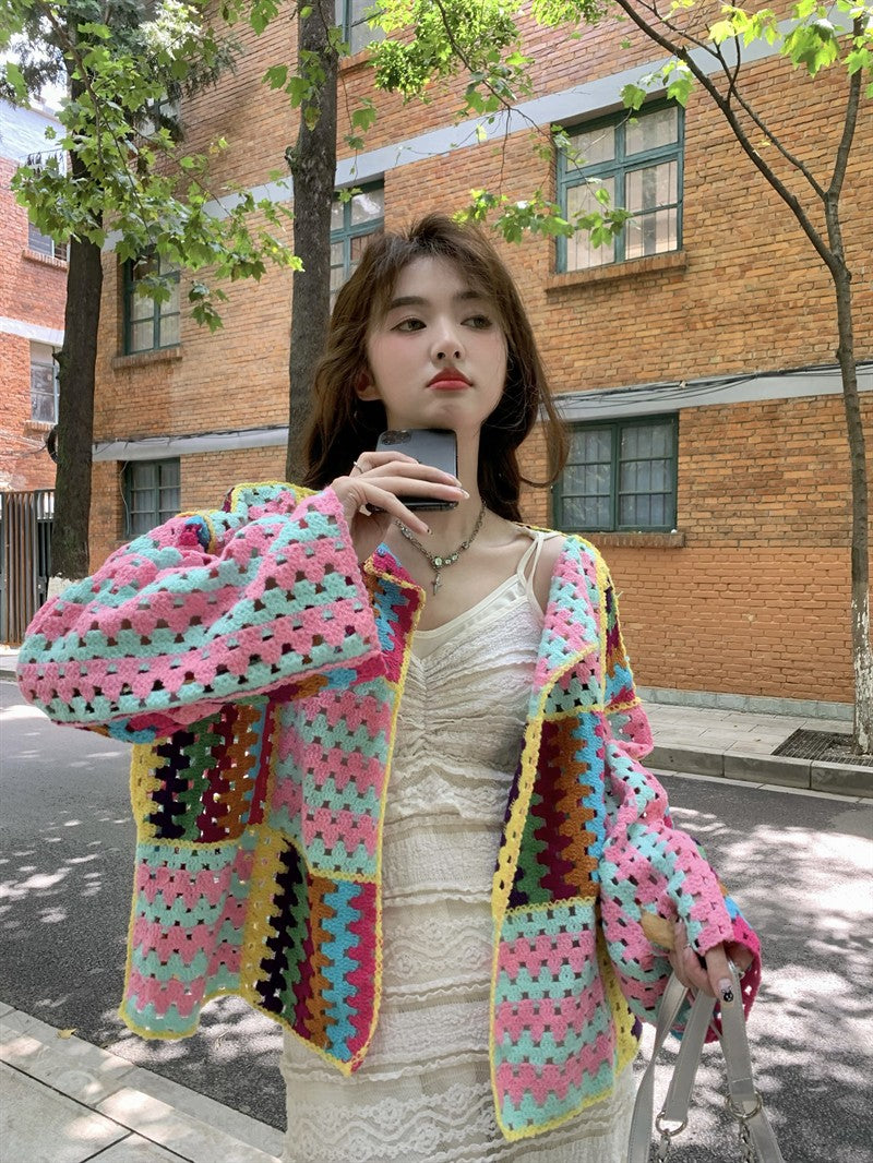 SALIENCY Colorful Crochet Knit Hollow Cardigan Sweater Jacket Women Spring Top Loose Short Knitwear