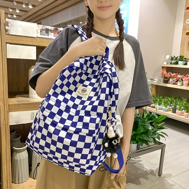 Mochila de lazer coreana com design xadrez de cores contrastantes, mochila diária do mesmo estilo, mochila casual simples para ensino médio e fundamental