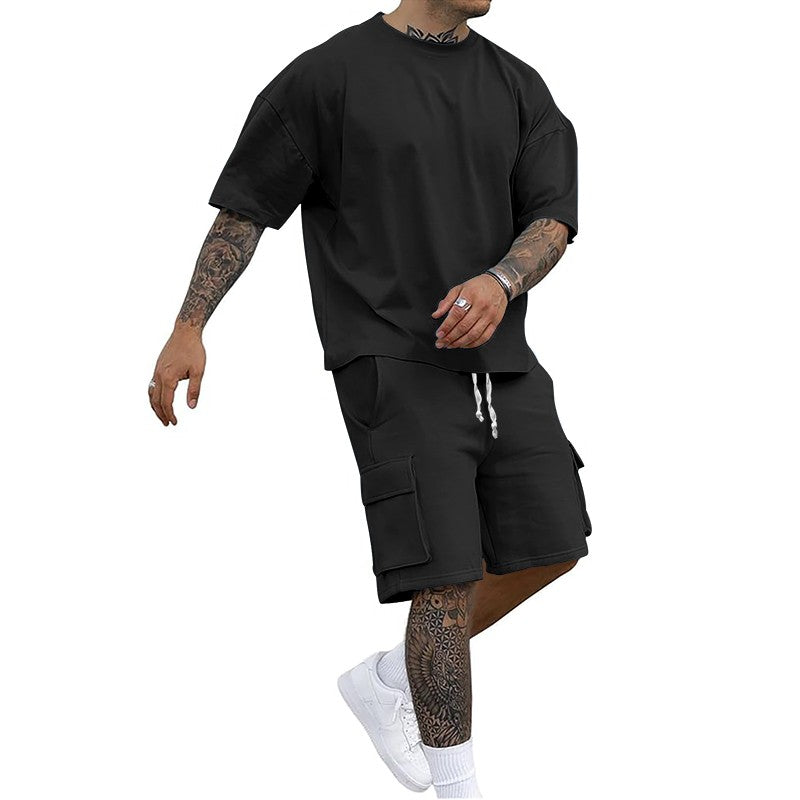 Summer new men's round neck short sleeve T-shirt shirt shorts two-piece suit loose large size ice