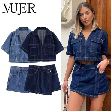 MUJER 2025 Women's Shirt Set Blue Denim Shirts for Women Summer Cropped Shirts and Blouses Woman Holiday Casual Shirts Women Top