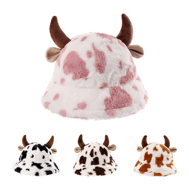 Autumn and winter new cow print horn fisherman hat female print Korean fashion plush thickened warm basin hat
