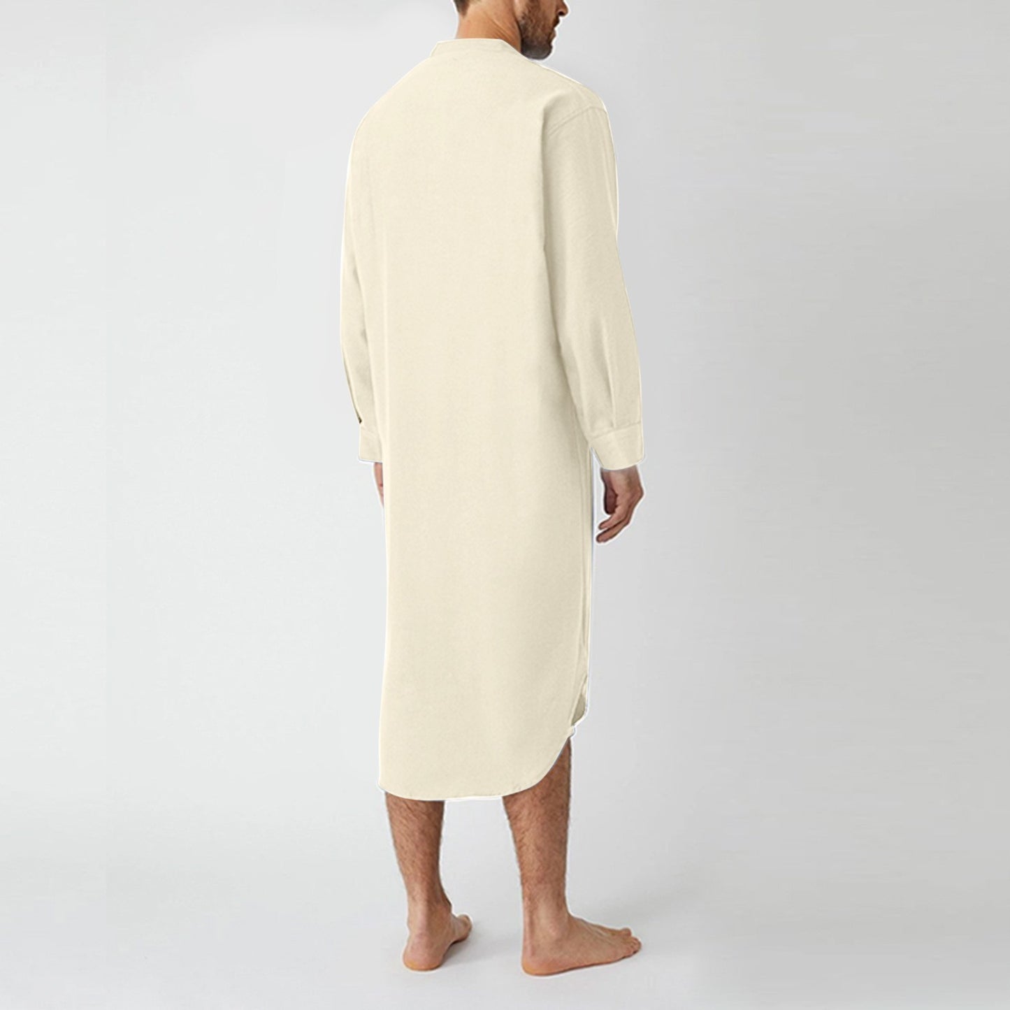 Men's Cotton Button-down Sleep Robe Solid Color Stand Neck Long Sleeve Nightgown Fashion Comfortable Home Wear Loose Bathrobe