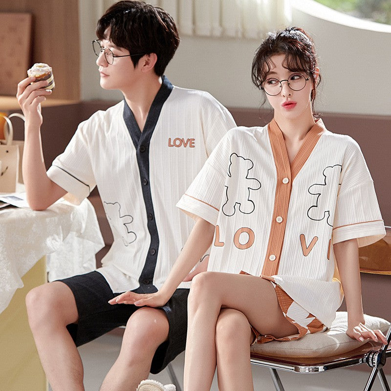 Japan Kimono Cartoon Couples Sleepwear Cotton Mens Women Summer Short Pajamas Set Loungewear for Young Girl Boy Home Clothes