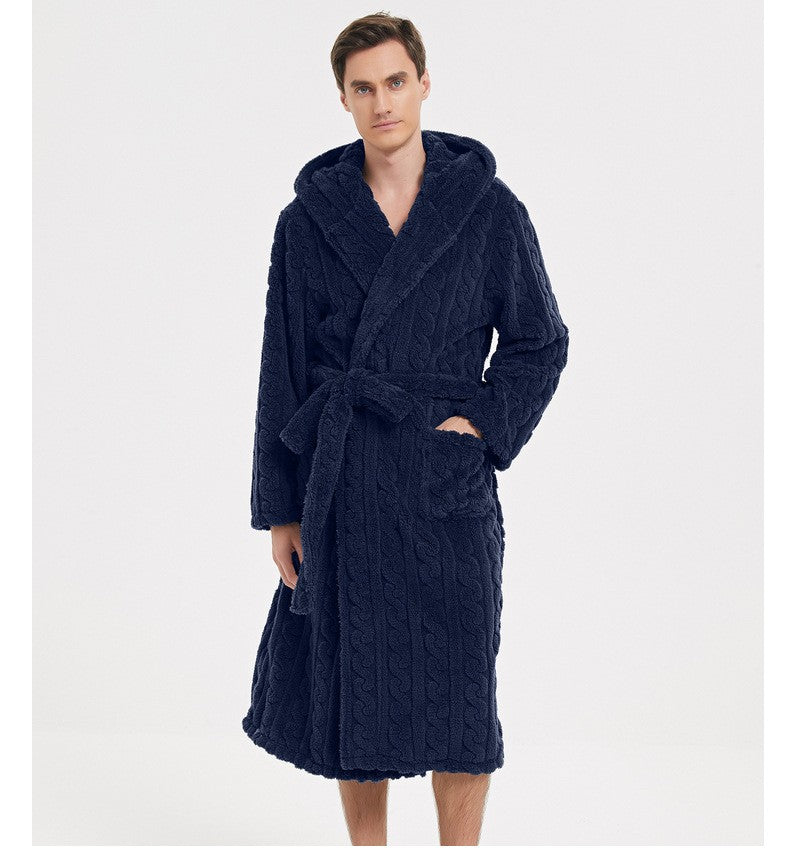 New American Cotton Velvet Jacquard Hooded Men's Dressing Gown with Fleece Thickened Autumn and Winter Couple Dressing Gown