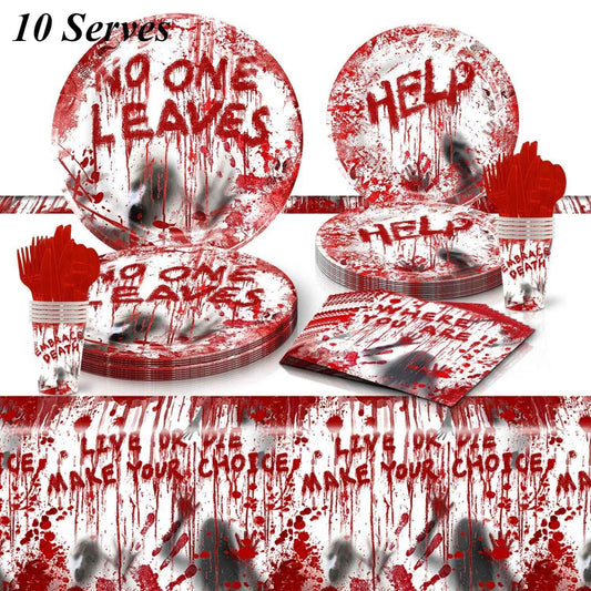 Conjunto de Louça de Festa de Halloween Pratos Festivos Guardanapos Toalha de Mesa Louça Descartável para 10/12 Convidados Decoração de Halloween