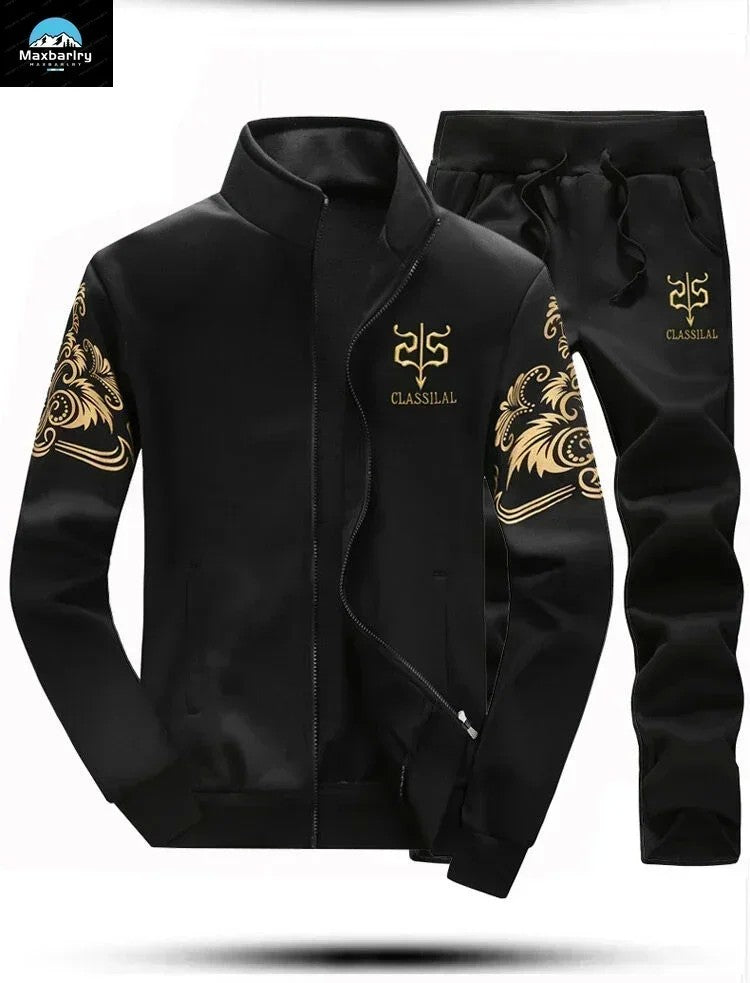 Winter Men's Sports Suit with Fleece and Warm Standing Collar Jacket+men's Drawstring Sports Pants Fashionable Printed Men's Set