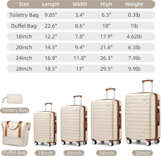 Conjuntos de Malas 6 Peças com Bolsas de Viagem, Malas Rígidas Expansíveis com Rodas Giratórias e Fechadura TSA, Grande Capacidade Creme