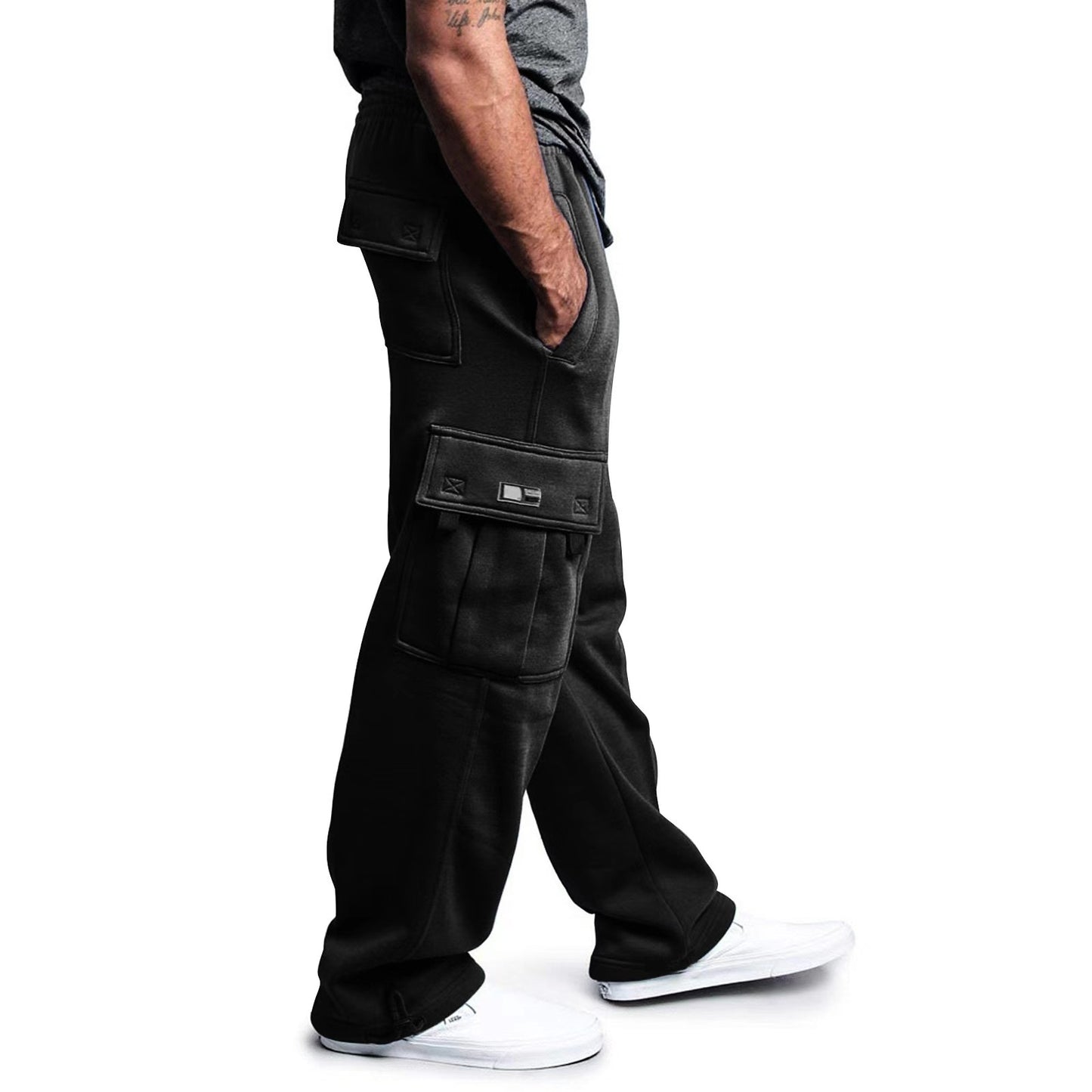Men's Stretch Elastic Waist Jogger Sweatpants - Black with Multiple Utility Pockets, Drawstring Closure & Side Stripes