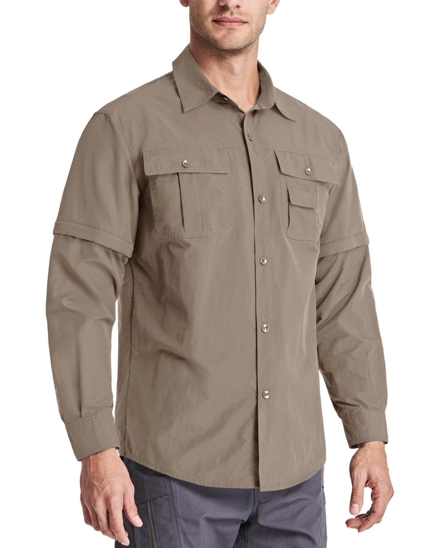 TACVASEN Summer Quick Dry Long Sleeve Cargo Work Shirts with Pockets Mens Safari Hiking Shirts Button Down Shirts Clothes Males
