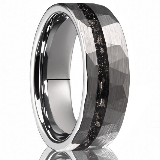 8mm hammered inlaid meteorite fragment tungsten ring, men's wedding band ring, comfortable fit jewelry accessories gift