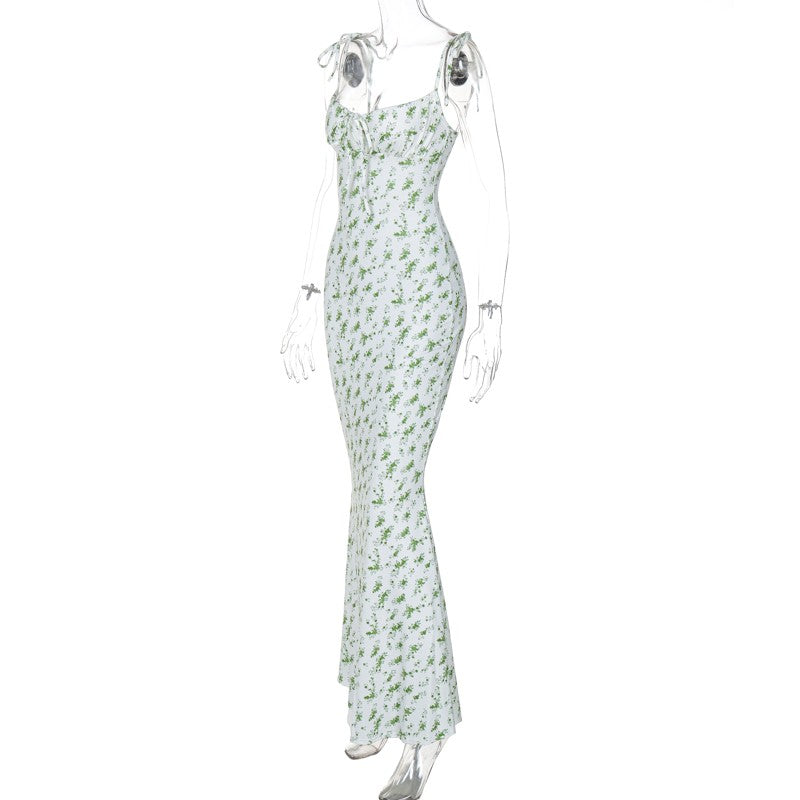 Hugcitar Floral Print Sleeveless Backless Slips Lace Up Maxi Dress Sexy Bodycon