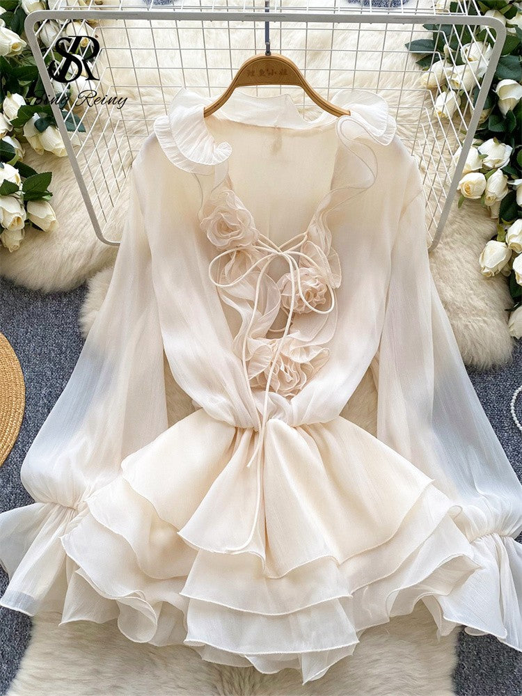 SINGREINY 3D Floral Beach Short Dress Female Long Sleeves Lace Up Ruffle Chiffon