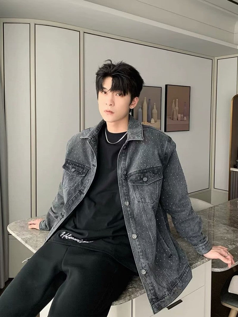 American Trendy Denim Jacket Mens Make Old Flash Diamond Fashion Outwear Spring Single-breasted Street Couple Cowboy Coats
