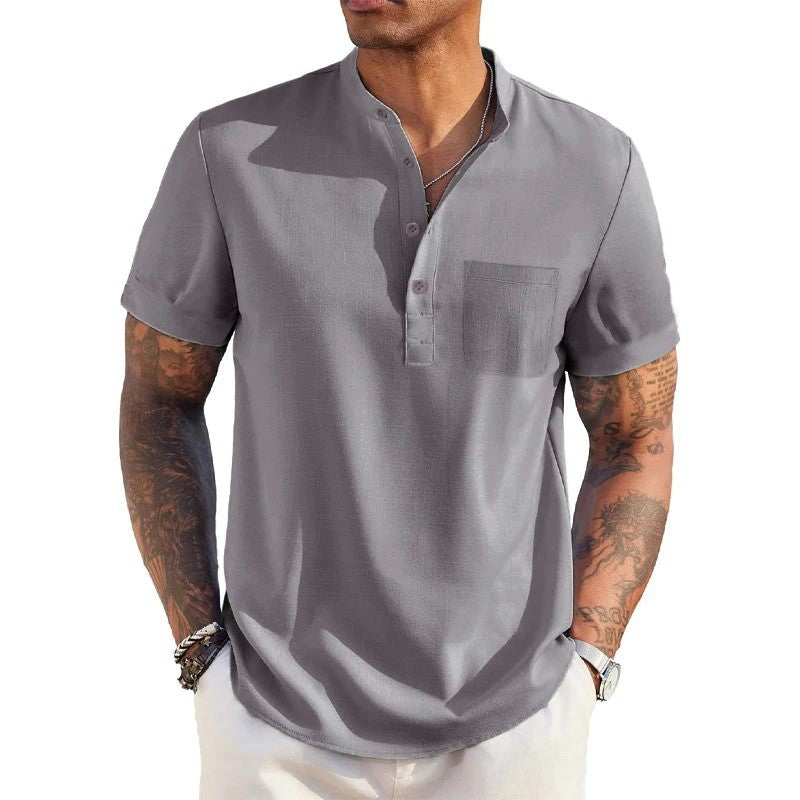 Summer Men's Cotton Linen T-Shirt Henley Neck Pocket Casual Lightweight Breathable Beach Shirt Solid Color Basic Style Tops