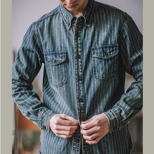 Amekaji Cargo Shirts Men's Vintage Vertical Stripe Denim Jackets Washed Distressed Pocket Trim Casual Coats Spring Autumn Shirts