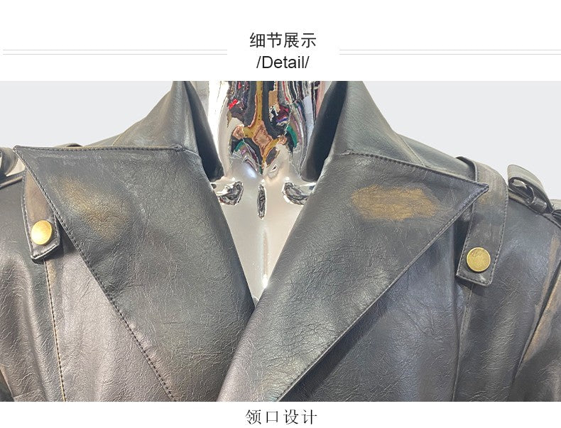 Nerazzurri Spring Autumn Cool Long Waterproof Distressed Black Pu Leather Trench Coat Men Belt Pockets Luxury Designer Clothes