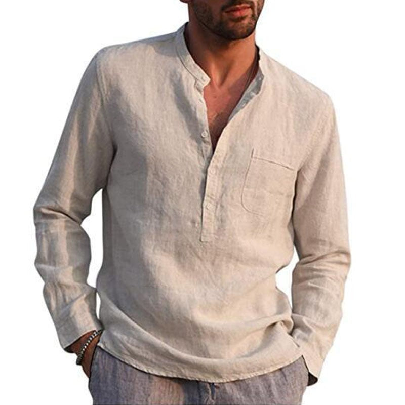 Casual Cotton Shirt Long Sleeves Crew Neck Men's Summer Simple Plain Blouse Button Down Tops Plus Size