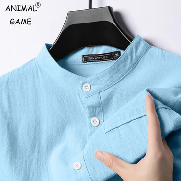 Summer Men's Stand Up Collar T Shirts Solid Color Short Sleeve Linen Shirt Trendy Breathable Loose Lightweight Basic Pocket Top