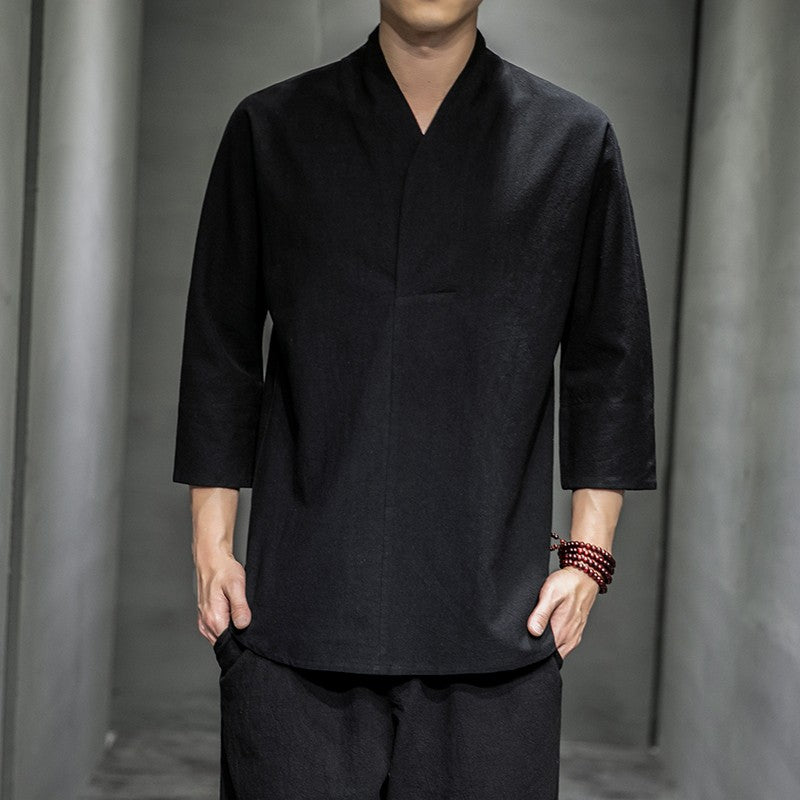 Shirts Men Solid Pullover V Neck Three Quarter Mens Kimono Shirts Traditional Streetwear Blouse Chinese Style Linen Shirts Man