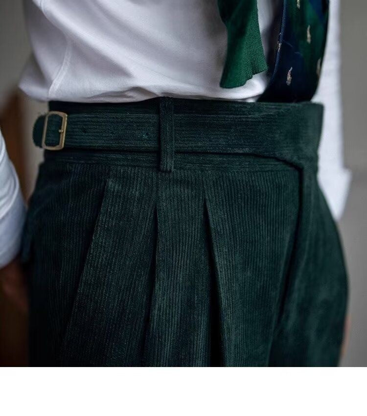 Italian Style Corduroy Naples Suit Pants Men High-waisted Adjustable Belt Straight Trousers Autumn England Business Casual Pant