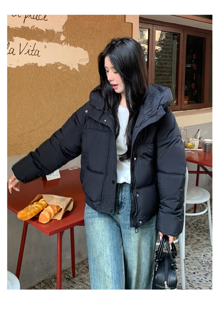 Korean Winter Women Black Beige Hood Zipper Down Jacket Ladies Blue Single Breasted Short Warm Thick Bread Coat Streetwear Trend