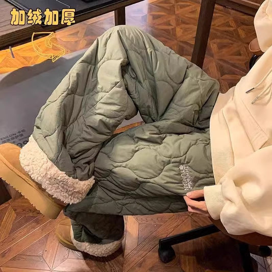 Heavy Winter Cotton Waterproof Splicing Lamb Fleece Cotton Pants for Men and Women, Solid Color Diamond Grid Embroidered Clip Co