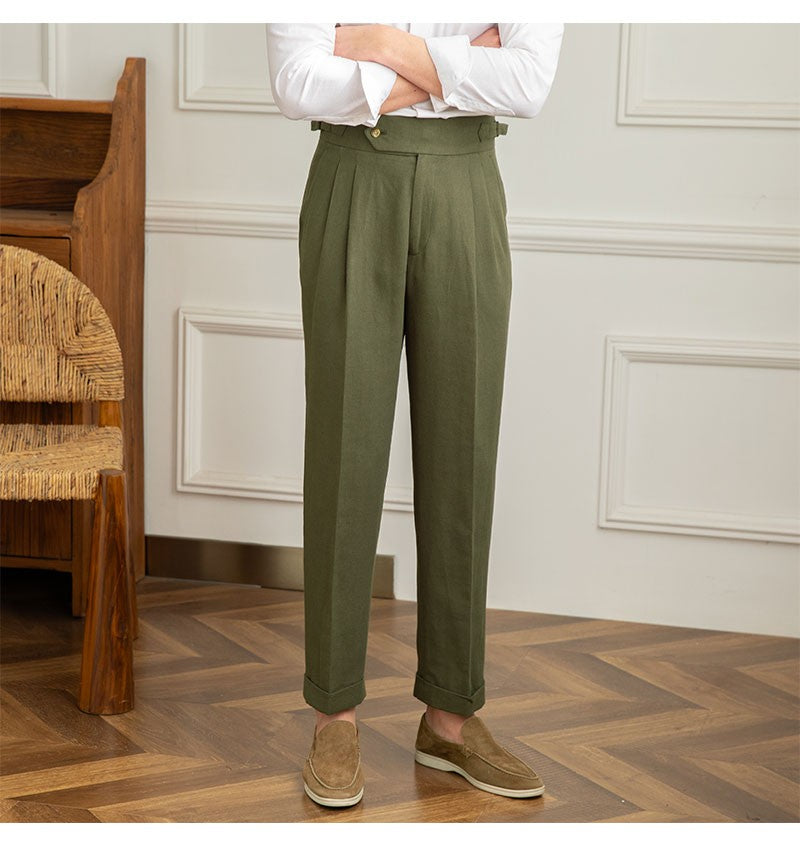 Three Gentleman Summer Naples Casual Straight Pants Men's Commuting Cotton and Linen Comfortable Breathable High Waist Pants