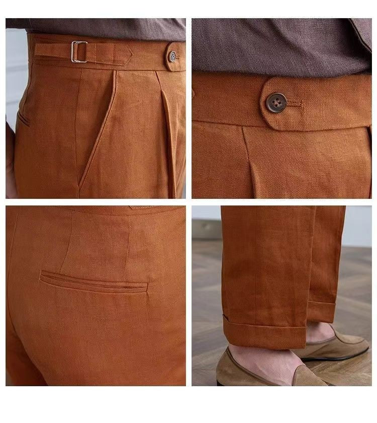 Spring Autumn Men 100% Linen Italian Naples Pants High Waist Straight Suit Trousers Fashion Lightweight Breathable Casual Pants