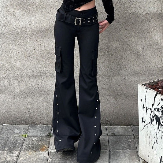 Retro new pure black rivet design belt decorative slim pants for women y2k Harajuku Goth low-waisted flared pants