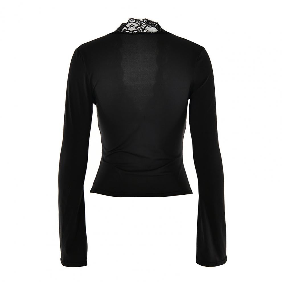 Women's Blouses Sexy Lace Deep V Neck Long Bell Sleeves Top Slim Fit Low Cut Sheer Mesh Shirt For Spring Fall Women's Clothing