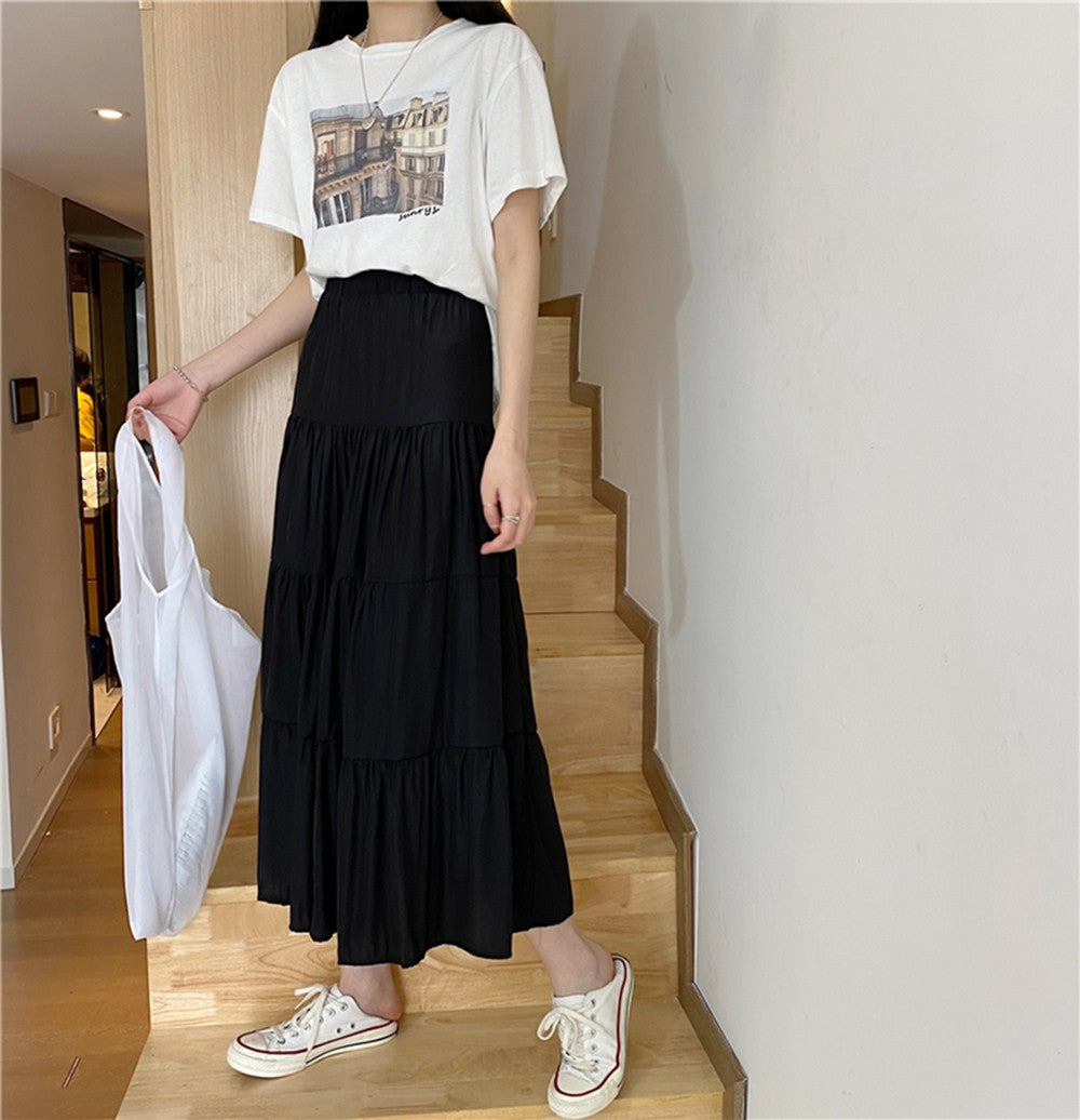 Spring Summer Women Chiffon Skirts Vintage High Waist Elastic Patchwork White Bl