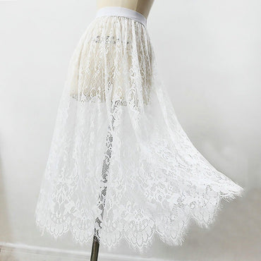 Fashion Transparent Sexy Lace Mesh Skirt Elegant 2 Length Midi Skirt Ladies Elastic High Waist Womens Skirt Ladies