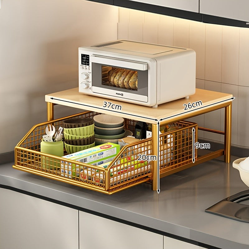 Prateleira de armazenamento moderna para micro-ondas de cozinha - estrutura robusta de madeira maciça e metal, prateleira de armazenamento de bancada que economiza espaço