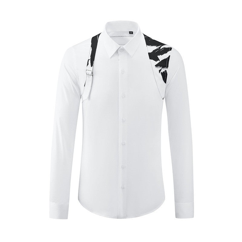 Metal Buckle Camouflage Shoulder Strap Splicing Shirt for Men High End Casual Business Men's Shirt Long Sleeve Social Streetwear