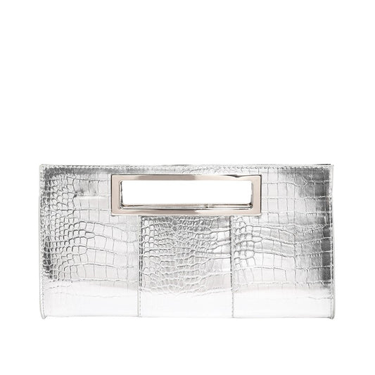 Women Crocodile Pattern PU Leather Clutch Purse Metal Grip Handle Tote Handbag Trendy Evening Bags Chic Black Envelope Party Bag