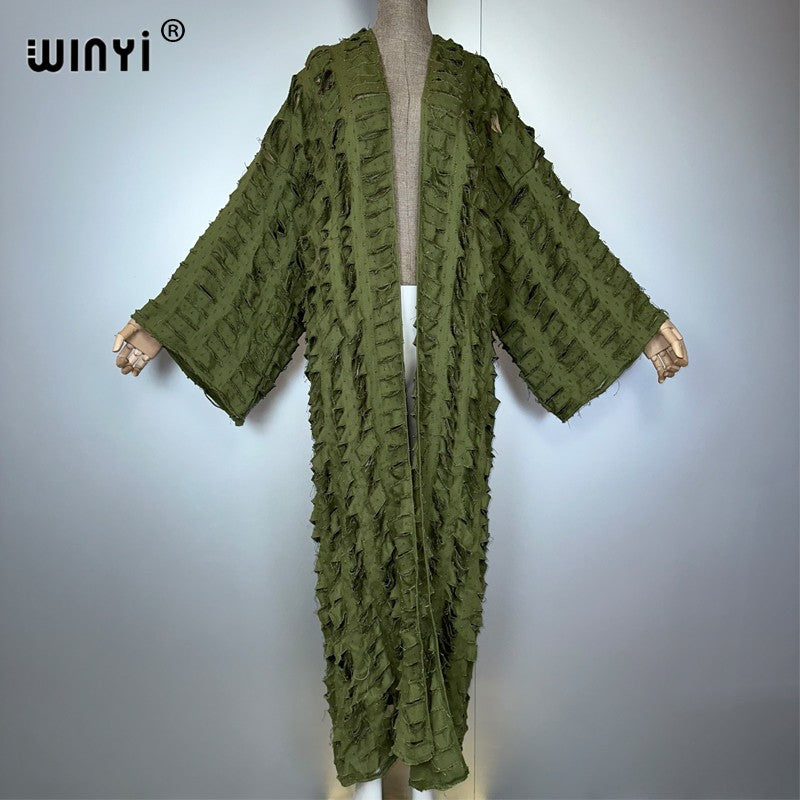 WINYI new maxi kimono coat for women OverCoat hole denim cardigan long down coat cover up beach outfits woman abaya dubai luxury